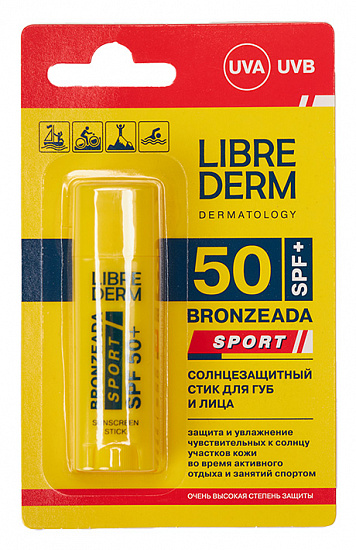 Солнцезащитный стик Librederm Bronzeada Sport для губ и лица SPF 50+ - Фото 1 большая